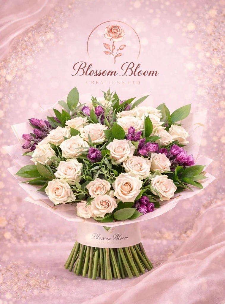 🌸 Ivory Rose & Amethyst Bloom Bouquet