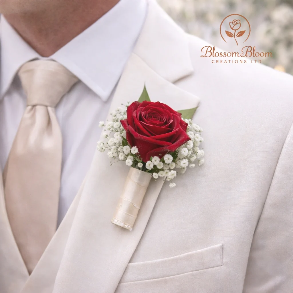 🌹 Luxury Red Rose Groom Buttonhole (Boutonnière) - Image 3