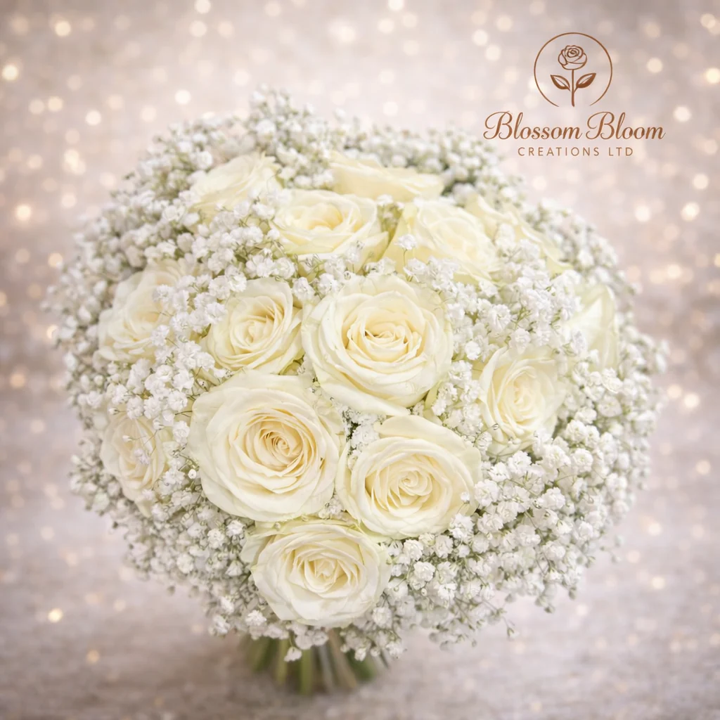 Untitle Elegant Bridal Ivory Rose & Gypsophila Hand-Tied Bouquet - Image 3