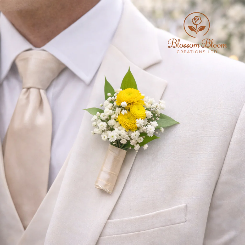 Elegant Champagne Wedding Buttonhole (Groom’s Boutonnière) - Image 2
