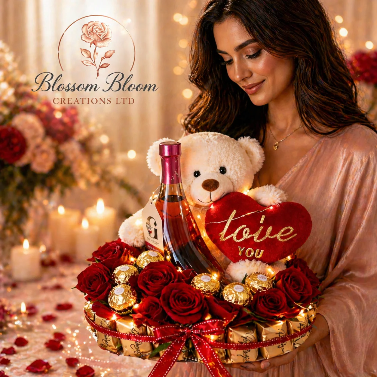 Eternal Love Luxury Valentine’s Gift Set – Roses, Teddy And Pink Glass Gin Cherry Shoe - Image 3