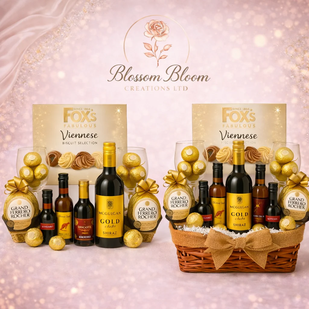 Luxury Golden Indulgence Gift Hamper | Wine, Ferrero Rocher & Biscuit Collection – Blossom Bloom - Image 3