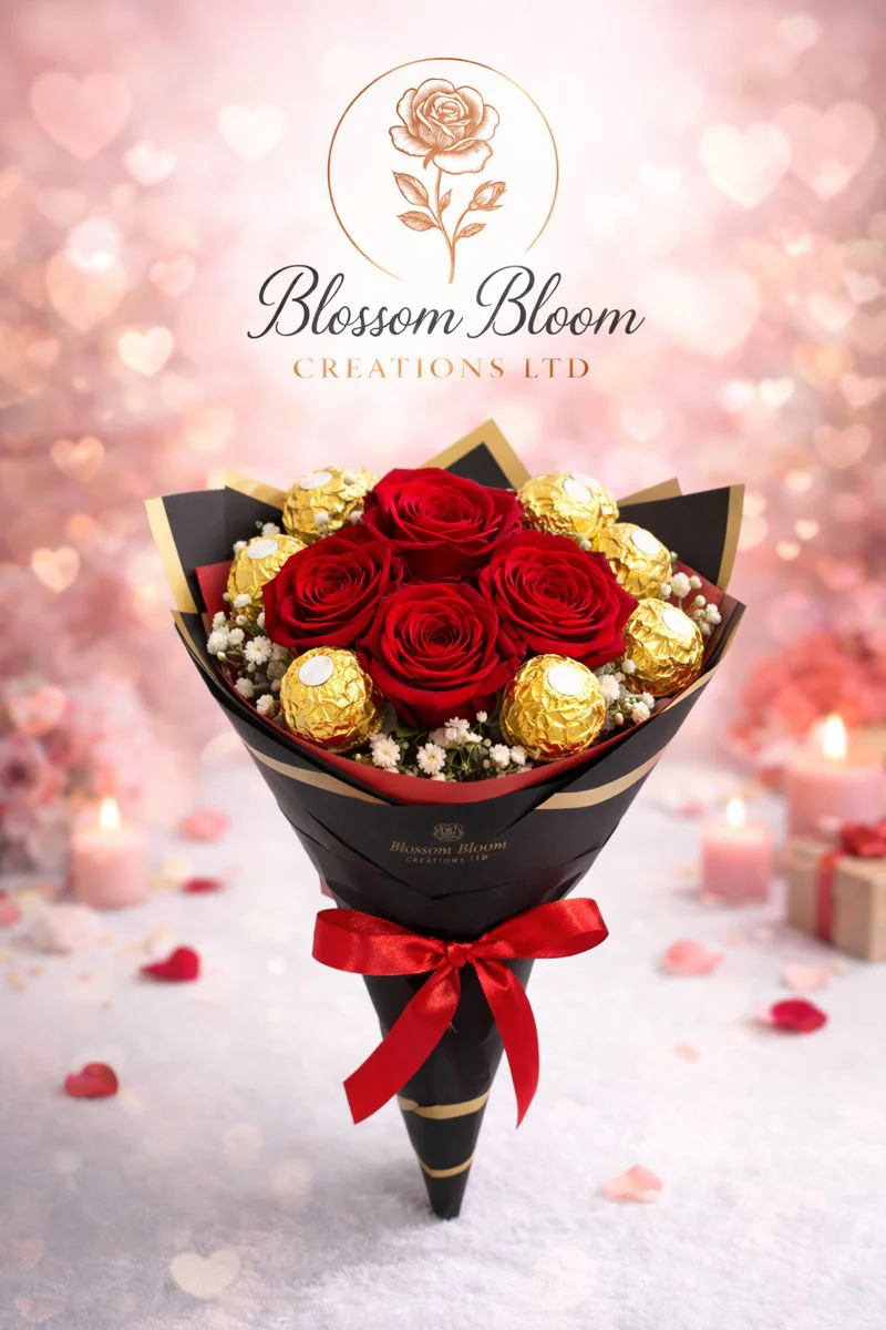Luxury Red Rose Gypsophila And Ferrero Rocher Bouquet - Image 3