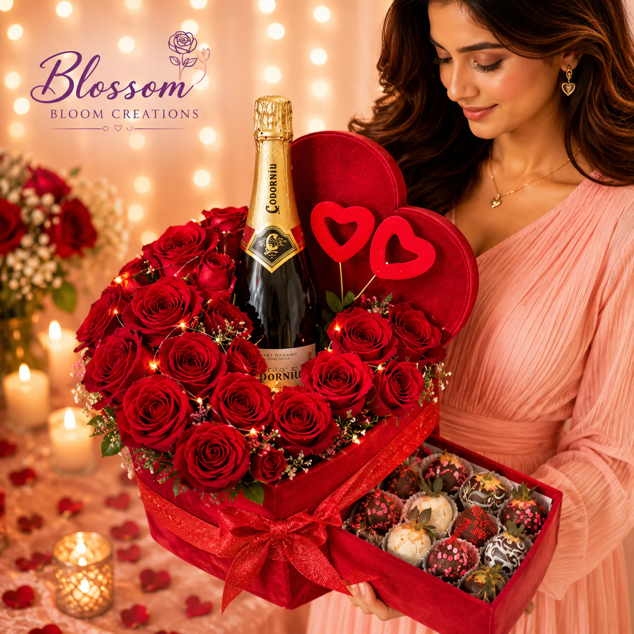 Luxury Romance Rose, Prosecco & Chocolate Strawberry Heart Box - Image 3